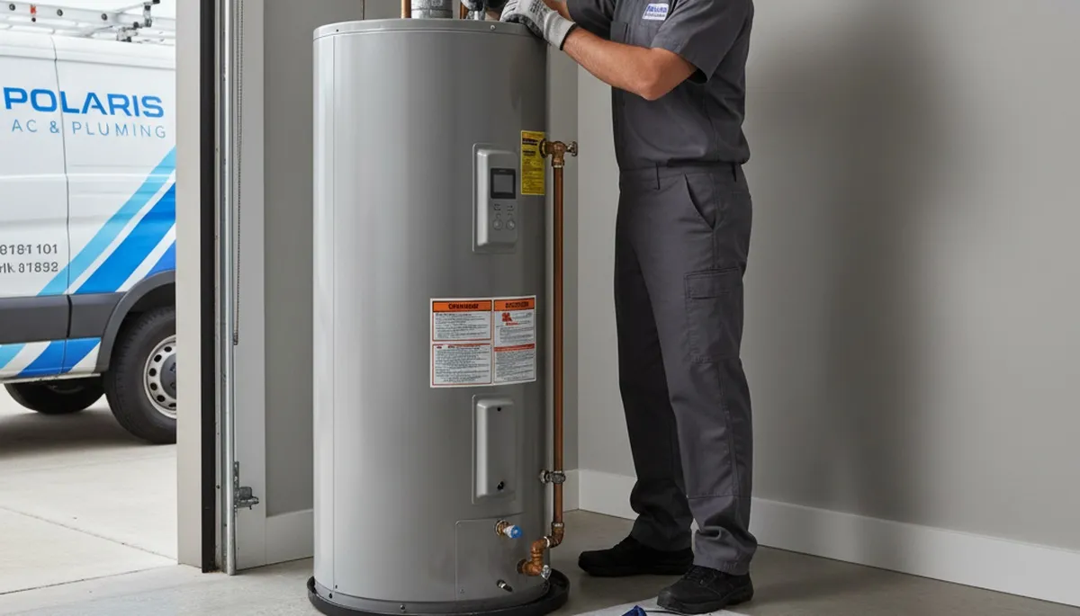 Technician performing water heater repair for residential customer in Columbus, OH